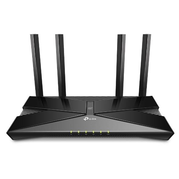 TP-LINK Archer AX50 AX3000 Dual Band Gigabit Wi-Fi 6 Router with four external antennas and sleek design.